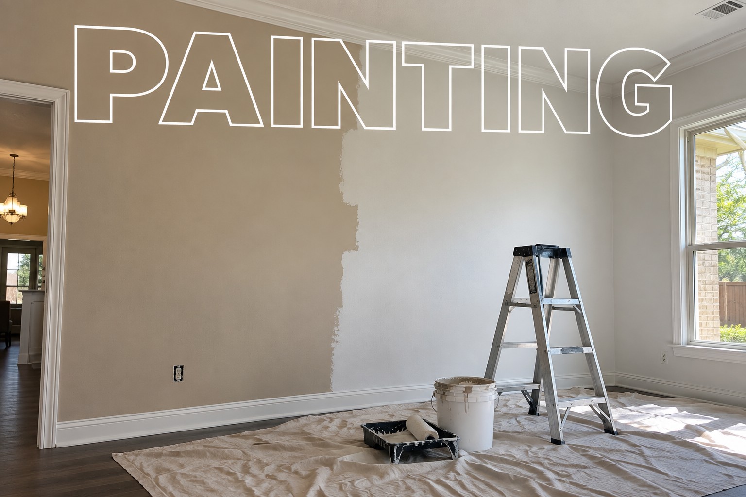 Interior room being painted with a ladder, paint supplies, and floor covering