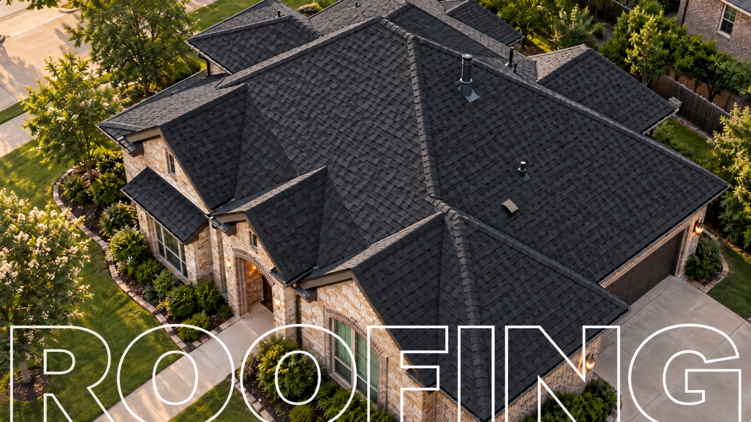 Aerial view of a North Texas home with a charcoal architectural shingle roof